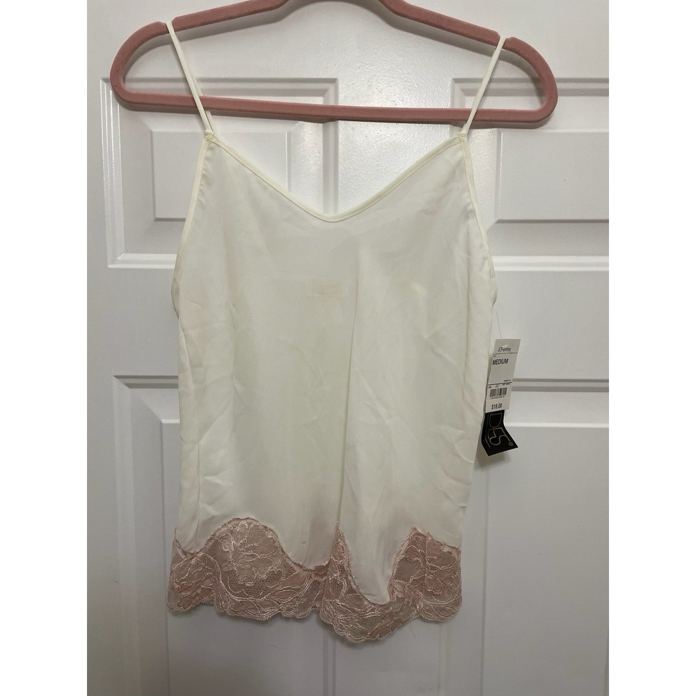 VTG NWT Escapades Ivory Cami Tank Top Pink Lace Detail Size M Silky Satin